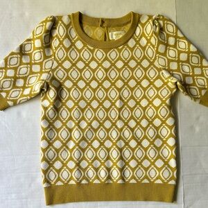 Anthropologie Gold and Cream Patterned Crew Neck Sweater